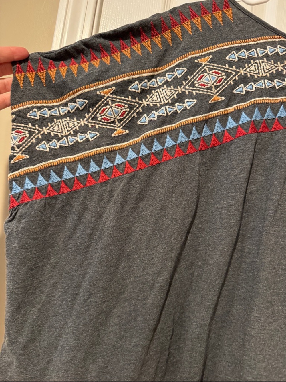 Johnny Was Short Sleeve Geometric Tribal Print Tee in Charcoal, Red, Blue, Gold - Picture 8 of 15